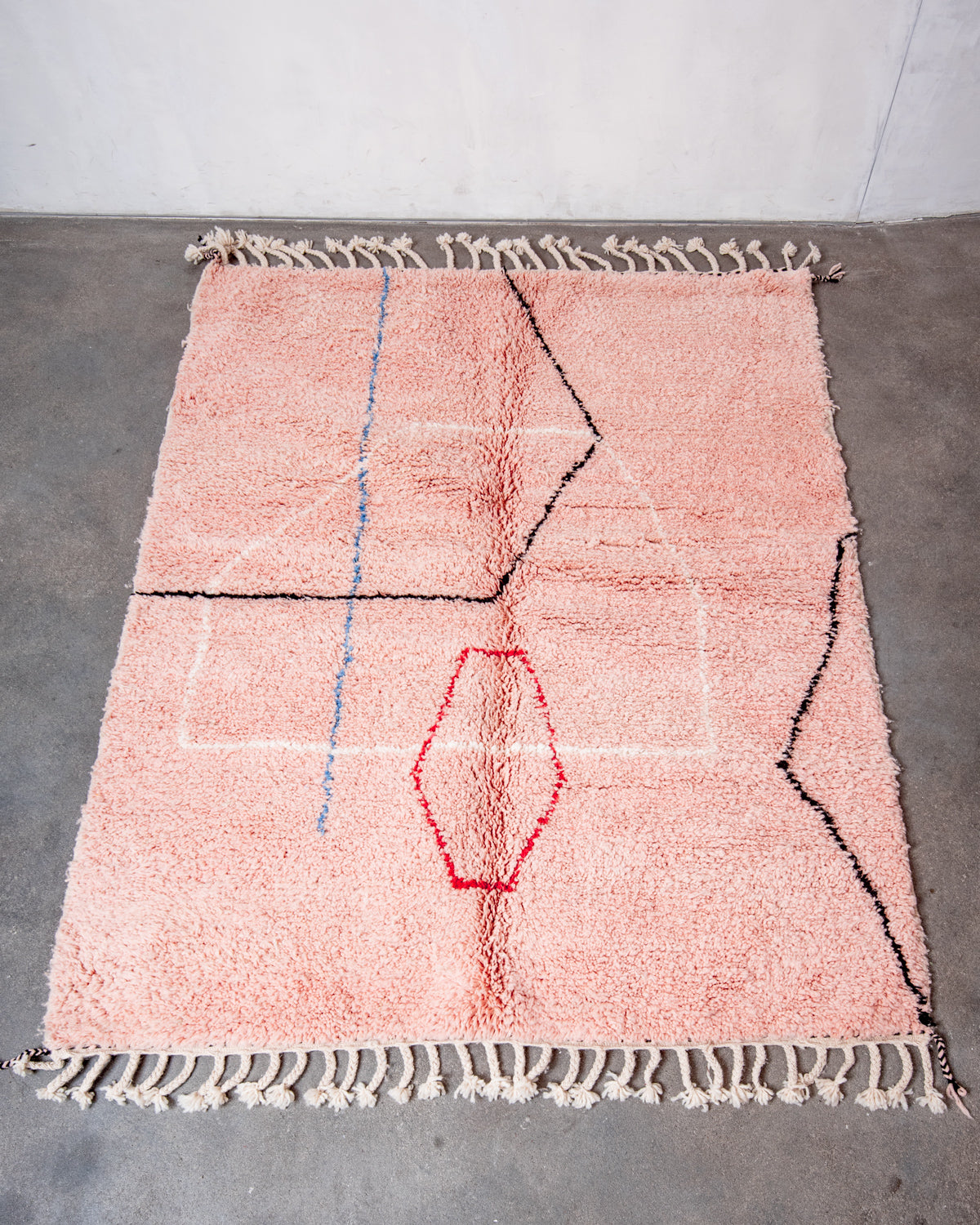 Modern, designer, handcrafted Berber rug from Morocco. Beniourain carpet with beautiful colours and patterns and fluffy wool texture.